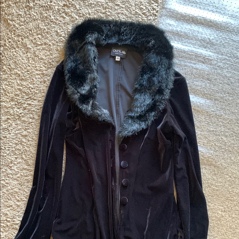 Onyx Nite Black Velvet Coat with Faux Fur Collar